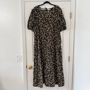 Women’s Short Sleeve Floral Black and Yellow Midi Dress Size XXL